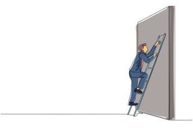 Sürekli bir sıra halinde işadamı merdivenle duvara tırmanıyor. İş engeli metaforu. Kariyer büyümesinin sembolü, yaratıcı bir çözüm bulmak. Tek çizgi çizimi tasarım vektör çizimi