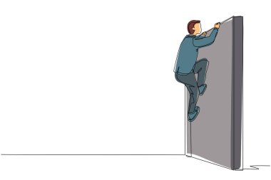 Sürekli bir hat çizen işadamı engel duvarına tırmanıyor ve sorunu çözüyordu. İş kavramı, takım metaforu. Başarılı lider iş adamı. Tek çizgi çizimi tasarım vektörü grafik çizimi