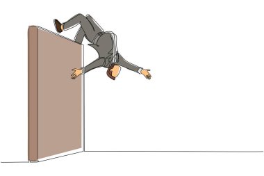 Tek sıra halinde, iş adamı hedefine ulaşmak için tuğla duvarın üzerinden atlarken, kafasının üstünde akrobatik hareketler yapıyor. Bariyerlerin üzerinden atlayan bir iş adamı. Modern sürekli çizgi tasarım vektörü