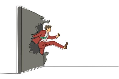 Tek sıra halinde işadamları koşup tuğla duvarı delip geçiyor. Liderlik kavramı. Engel ve çözüm iş kavramı. Dinamik bir çizgi çizer grafik tasarım vektörü çizer