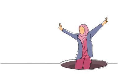 Arap iş kadınını çeken tek sıra yeraltı kanalizasyonuna düştü. Kadın kanalizasyon kapağından düşmüş. Depresyon ve iş başarısızlığı konsepti. Metafor. Yenilgi. Bir çizgi çizme tasarım vektörü