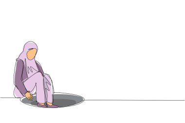 Arabistanlı iş kadınının çizdiği tek çizgi çukura iniyor. İş fırsatlarından yararlanamamak. Depresyon ve iş başarısızlığı konsepti. Devamlı çizgi çizim tasarım vektörü