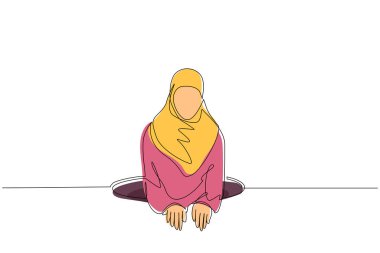 Sürekli olarak, delikten çıkmaya çalışan Arap iş kadını çiziyor, metafor olarak büyük bir sorunla karşı karşıyayız. İş sorunları. Başarı için güç. Tek çizgi çizimi tasarım vektör çizimi