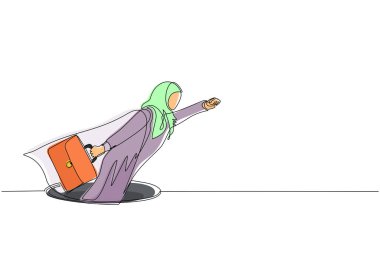 Sürekli bir çizgi halinde kanatları ve çantaları deliklerden çıkan uçan Arap iş kadını çiziyor. Finansal açıdan yükselen bir kadın. İş büyümesi konsepti. Tek çizgi çizme tasarım vektörü