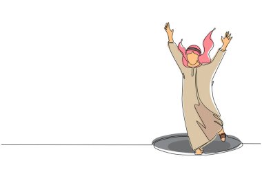 Arap işadamını çeken tek sıra yeraltı kanalizasyonuna düştü. Adam kanalizasyon kapağından düşmüş. Depresyon ve iş başarısızlığı konsepti. Metafor. Yenilgi. Bir çizgi çizimi grafik tasarım vektörü