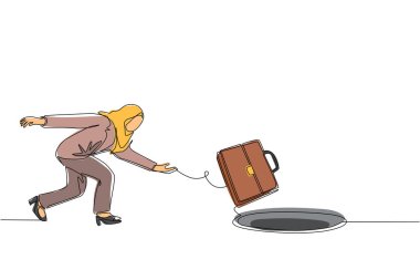 Aralıksız çizilen bir çizgi, Arap iş kadını evrak çantasını deliğe atıyor. İş fırsatlarından yararlanamamak. Depresyon ve iş başarısızlığı konsepti. Tek çizgi çizme tasarım vektörü