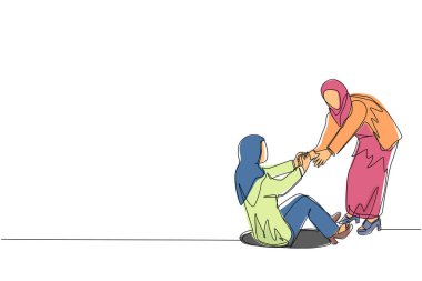 Bir satırda Arap iş kadınını, onu delikten çıkararak arkadaşına yardım ederken çiziyor. Biri diğerine yardım eden iki kadın. İş mücadelesi. Aralıksız çizgi çizimi tasarım grafik vektör çizimi