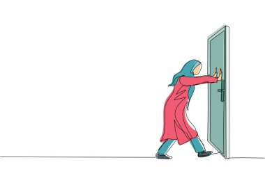 Sürekli çizen Arap iş kadını beyaz ahşap kapıya kapalı kapıyı itiyor. İş sorunları. Başarı için güç. Kapalı kapılar açılıyor. Tek çizgi çizimi tasarım vektör çizimi