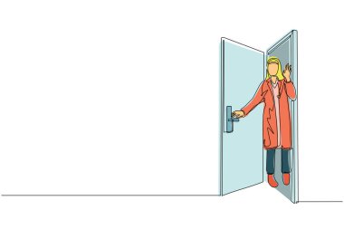 Tek sıra halinde, açık kapının arkasından bakan Arap iş kadınlarını çekiyor. Kapıdan bakan ve el sallayan bir kadın. Kapıda duran neşeli bir kadın. Dinamik bir çizgi grafik tasarım vektörü