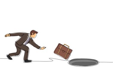 Tek sıra halinde iş adamları evrak çantasını deliğe atıyor. İş fırsatlarından yararlanamamak. Depresyon ve iş başarısızlığı konsepti. Dinamik bir çizgi tasarım vektörü