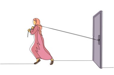 Büyük bir sorunla yüzleşmek için sürekli halat çekmeye çalışan tek bir Arap iş kadını çiziyor. İş sorunları. Başarı için güç. Bir çizgi çizme tasarım vektörü