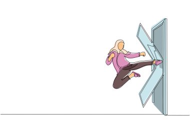 Arap iş kadınlarını çeken tek sıra kapı kırılana kadar uçan tekmeyle kapıyı tekmeliyor. Kadın kilitli kapıyı tekmeliyor. Engelleri aşma konsepti. Bir çizgi çizme tasarım vektörü