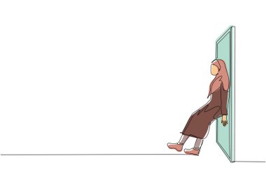 Bir satırda Arap iş kadını sırtını kapıya dayamış. İş sorunları. Başarı için güç. Engelleri aşma konsepti. Devamlı çizgi çizimi grafik vektörü