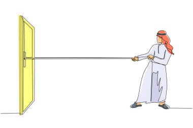Tek sıra, Arap işadamının sürükleme kapısına halat çekmesi, büyük bir sorunla yüzleşmenin metaforu. İş sorunları. Başarı için güç. Aralıksız çizgi çizimi tasarım grafik vektör çizimi