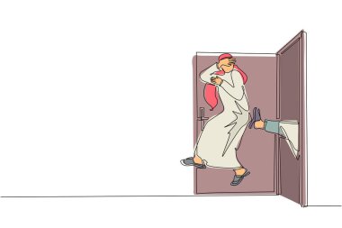 Arap işadamını kapı dışarı eden tek sıra. İşinden azledildi. İşsizlik konsepti. Patron gereksiz yere çalışanı kovdu. Bir çizgi çizimi grafik tasarım vektörü