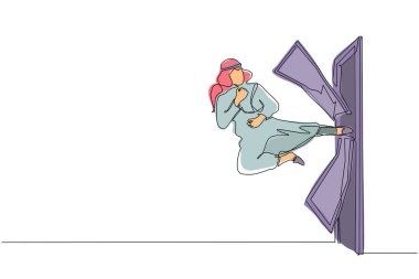 Tek sıra halinde sürekli çekilen Arap işadamı kapı kırılana kadar uçan tekmeyle kapıyı tekmeliyor. Adam kilitli kapıyı tekmeliyor. Engelleri aşma konsepti. Bir çizgi çizme tasarım vektörü