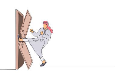 Tek sıra halinde çekilen Arap işadamı kapı kırılana kadar kapıyı tekmeliyor. Adam kapıyı tekmeliyor ve yok ediyor. Engelleri aşma konsepti. Devamlı çizgi çizimi grafik vektörü