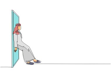 Aralıksız tek sıra halinde, Arap işadamı kapıyı sırtından itiyor. İş sorunları. Başarı için güç. Engelleri aşma konsepti. Bir çizgi çizimi grafik tasarım vektörü