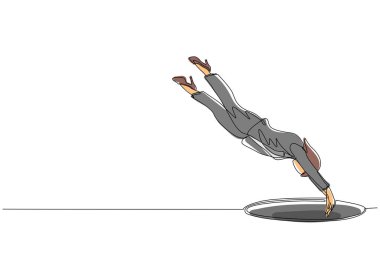 Sürekli bir çizgi halinde iş kadını çukura atlıyor. İş fırsatlarından yararlanma başarısızlığı kavramı. Depresyon ve iş başarısızlığı konsepti. Tek çizgi çizimi tasarım vektörü grafiği