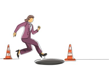 Sürekli gözü bağlı bir iş kadını para bulmak için çukura koşuyor. Kadın iş tuzağına koşuyor. Kör yatırım konsepti. Metafor. Tek çizgi çizimi tasarım vektör çizimi