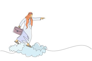 Elinde evrak çantası bulutu olan Arap işadamlarının sürekli çizdiği tek çizgi geleceğe bakıyor, iş kavramına gidiyor. Bulutlardaki adam başarıya gidiyor. Bir çizgi grafik tasarım vektör çizimi