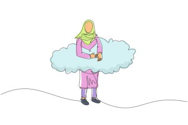 Arap iş kadınını bulutlarda asılı çizen tek satır. Başarı umudu, finansal özgürlük, iş projesini kazanmak, başarı kavramı. Devamlı çizgi tasarımı grafik vektör illüstrasyonu