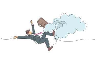 Tek sıra halinde iş adamı gökyüzünden düşüyor. Başarısızlık ve yenilgi. Çalışanların işten çıkarılması ve iflası. Finansal kriz. İnsan işini ve işini kaybeder. Bir çizgi çizimi grafik tasarım vektörü
