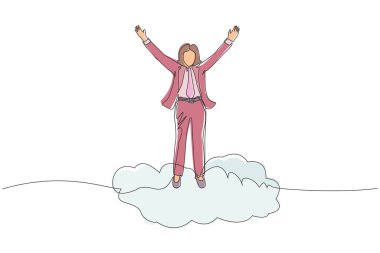 Aralıksız tek sıra halinde, iş kadını ellerini kaldırarak bulutun üstüne çıkıyor. Başarılı iş konsepti. Finansal özgürlük, mutluluk, huzur. Tek çizgi çizimi tasarım vektörü grafik çizimi
