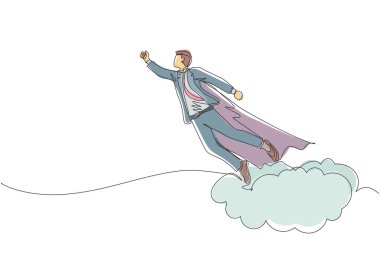 Tek sıra halinde iş adamı süper kahraman uçar ve toz bulutu bırakır. Bornoz pelerinli süper işçi kalkıyor. Güç ve eşsiz iş konsepti. Bir çizgi çizimi grafik tasarım vektörü