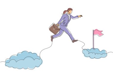 Cesur iş kadınlarını çeken tek bir çizgi başarı hedefine ya da bayrağına ulaşmak için bulutların üzerinden atlayarak risk alır. Kariyerinin zorluğu. Aralıksız çizgi çizimi tasarım grafik vektör çizimi