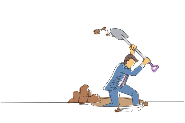 Single Continuous Line Drawing Businessman Digging Dirt Using Shovel Man — Stock Vector