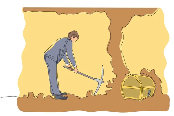 Single One Line Drawing Businessman Digging Pickaxe Looking Hidden Treasures — Stock Vector