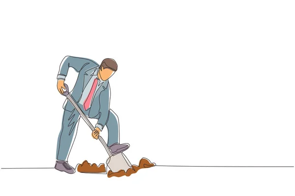 Single One Line Drawing Businessman Digging Dirt Using Shovel Man — Stock Vector