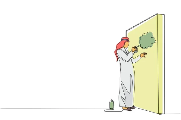 1本の線画アラブのビジネスマンは壁に利益グラフを描いています ビジネスと成功のメタファーの概念 キャリアの成長の寓意 連続線画デザイングラフィックベクトルイラスト — ストックベクタ