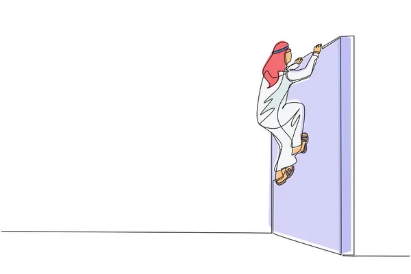 Une Seule Ligne Dessinant Homme Affaires Arabe Escalader Mur Obstacles — Image vectorielle