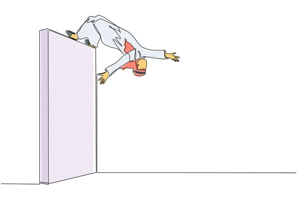 连续一行画阿拉伯商人跳过砖墙 杂技表演过头顶风格 以实现他的目标 商人跳过障碍之墙 单行绘图设计矢量 — 图库矢量图片