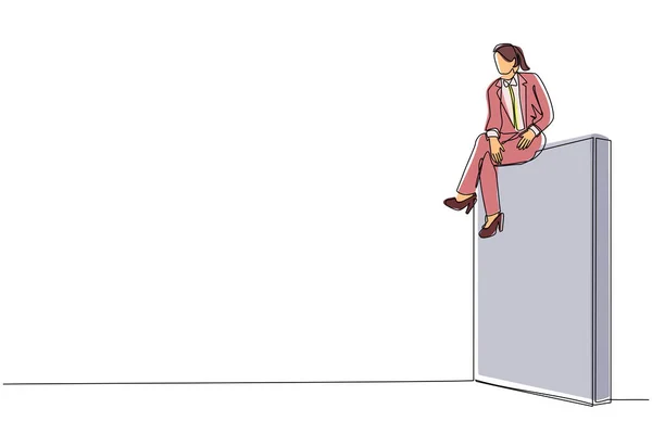 Une Seule Ligne Dessinant Femme Affaires Triste Assis Sur Mur — Image vectorielle