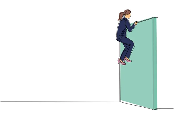 Continu Une Ligne Dessin Femme Affaires Surmonté Les Obstacles Muraux — Image vectorielle