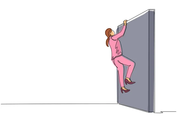 Continu Une Ligne Dessin Femme Affaires Grimper Mur Obstacles Résoudre — Image vectorielle