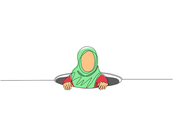 Ligne Unique Dessin Continu Femme Affaires Arabe Essayant Sortir Trou — Image vectorielle