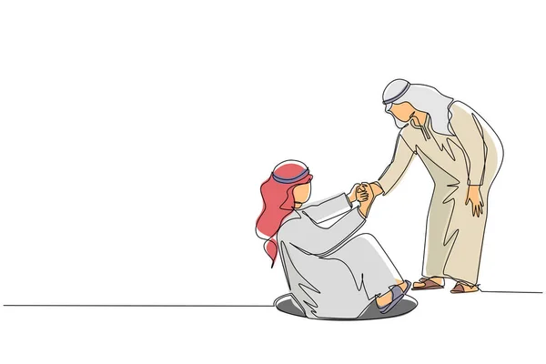 Una Línea Continua Dibujando Hombre Negocios Árabe Ayudando Amigo Sacándolo — Archivo Imágenes Vectoriales