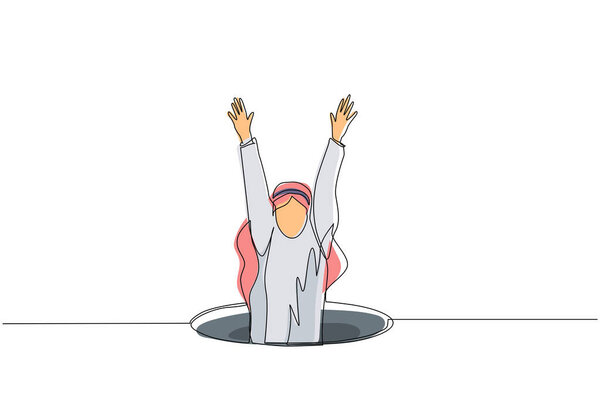 Single one line drawing Arab businessman fell into manhole underground sewer. Man fell into sewage. Depressed and business failure concept. Metaphor. Defeat. Continuous line draw design graphic vector