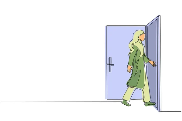 Une Ligne Continue Dessinant Femme Affaires Arabe Entre Dans Pièce — Image vectorielle