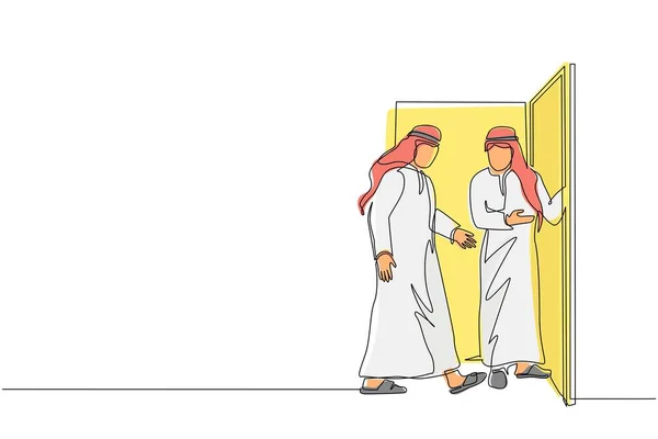 Jedna Ciągła Linia Rysująca Arabskiego Biznesmena Drzwiach Wita Swojego Przyjaciela — Wektor stockowy