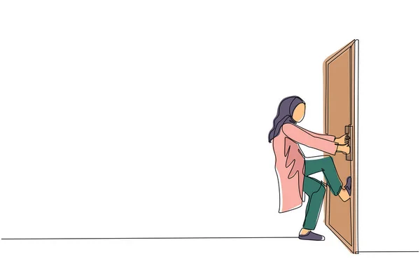 Continu Une Ligne Dessinant Femme Affaires Arabe Tirant Bouton Porte — Image vectorielle
