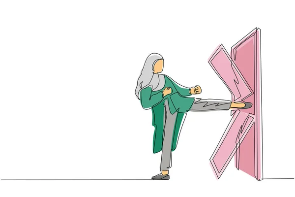 連続的な1行の描画アラビアのビジネスマンの女性はドアが粉々になるまでドアを蹴り ドアを蹴って破壊する女 障害を克服するビジネスコンセプト 単線画設計ベクトル — ストックベクタ