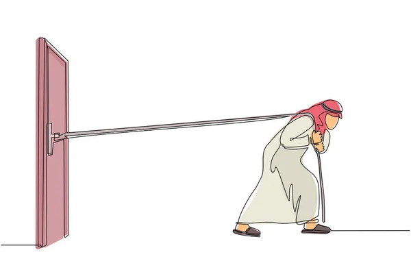 Eine Durchgehende Linie Zeichnet Einen Arabischen Geschäftsmann Der Sich Bemüht — Stockvektor