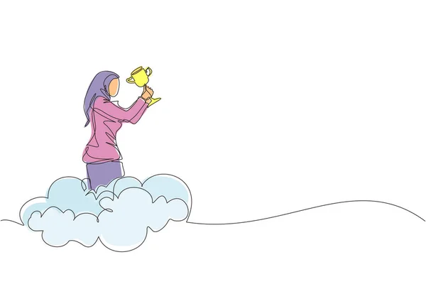 Uma Única Linha Desenhando Mulher Negócios Árabe Segurando Troféu Nuvem —  Vetores de Stock