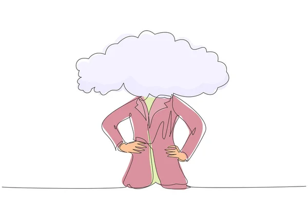 一本の連続線画クラウドヘッドビジネスウーマン 代わりに空の頭と雲を持つ女性 魅力的で 夢を見ず 不在で 非現実的なコンセプト グラフィックデザインベクトル図を描く1行 — ストックベクタ
