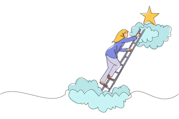 stock vector Continuous one line drawing Arab businesswoman climbing ladder to reach out for stars. Businesswoman climbing to goal. Motivation to be success, winner, finish, win. Single line design vector graphic